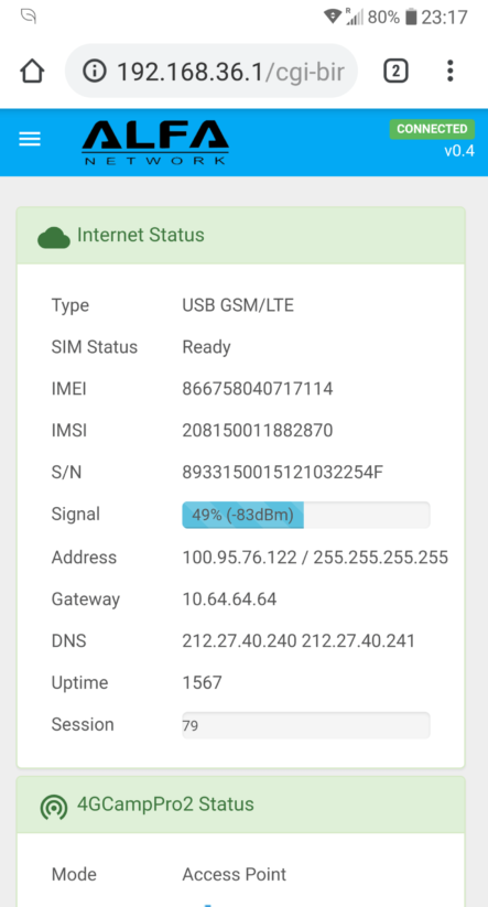 Alfa Network Installation Einrichtung Screen Wlan LTE Router Software Status Connected