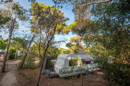 Wohnwagen von der Seite auf dem Stellplatz mit Bäumen, Sträuchern, Handtüchern und Fahrrädern - Camping in Apulien